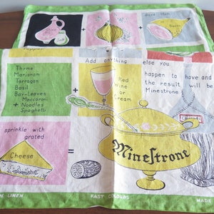 Vintage Tea Towel, Decorative Kitchen Towel Vintage Illustrated Minestrone Recipe Towel Made in Ireland #4-30-23