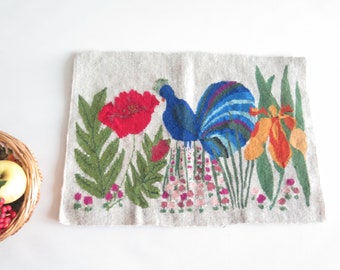 Vintage Handwoven Wall Decor Blue Bird Peacock Flowers Flamsk Flemish Woven Wall Hanging Swedish Scandinavian Bird Decor #4-33-19