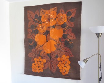 Hand Printed Wall Decor by ULLAS Swedish Vintage Wall Decor Scandinavian Fiber Art Hanging Brown Orange Berries Flowers #3-30