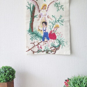 Embroidered Wall Decor Boy Girl Guardian Angel Handmade Vintage Embroidery Wall Hanging 3-10 image 2