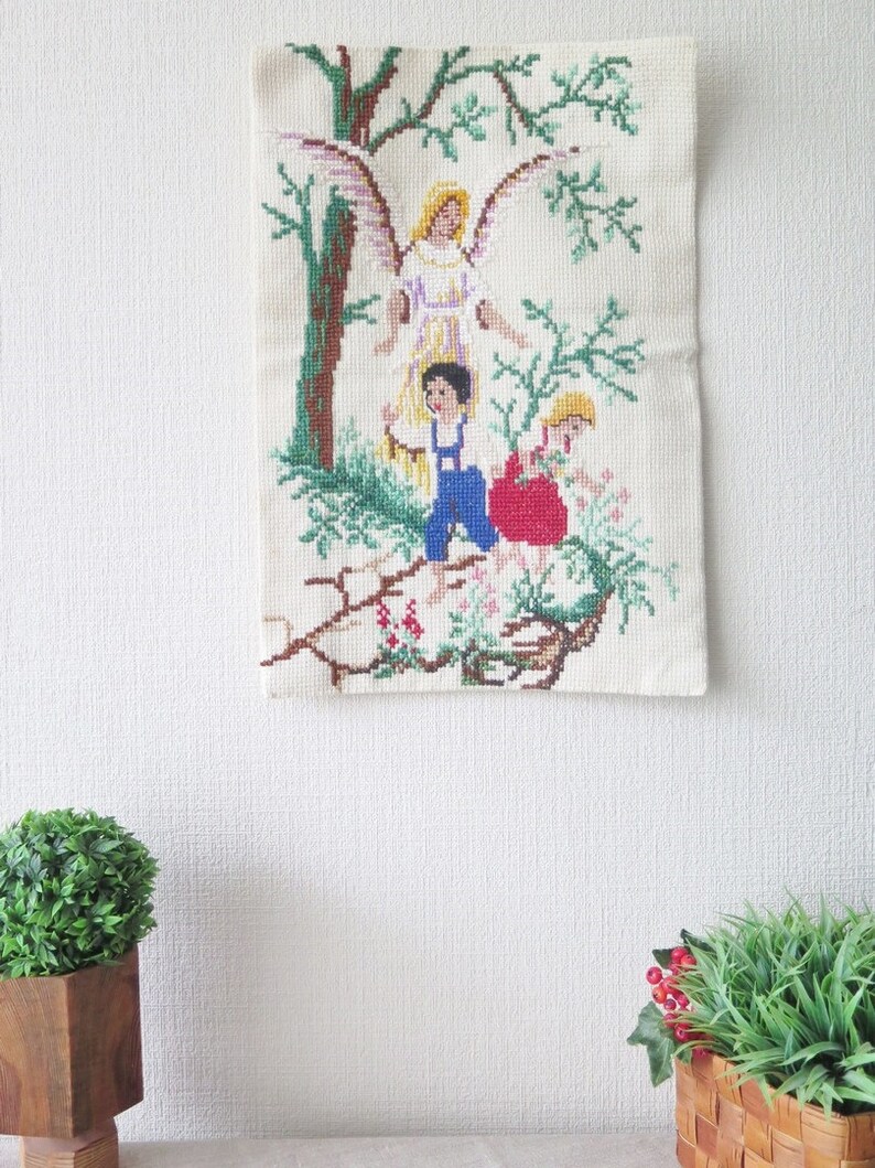 Embroidered Wall Decor Boy Girl Guardian Angel Handmade Vintage Embroidery Wall Hanging 3-10 image 2