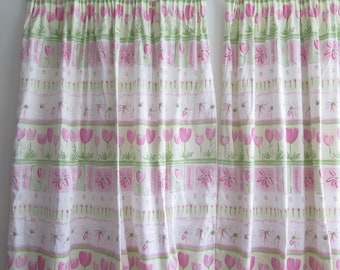 Lot de 2 panneaux de rideaux longs, blancs avec fleurs vertes et roses, rideaux double épaisseur en coton, rideaux avec doublure #5-42-1