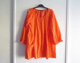 Gudrun Sjoden Orange Cotton Tunic / Blouse, 3/4 Sleeves, Size M, Summer light, Round Neck Line, 2 Pockets #A-107