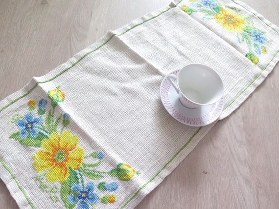 Embroidered Table Cloth Yellow Blue Flowers Handmade Swedish Vintage Scandinavian Floral Embroidery 3 37 4