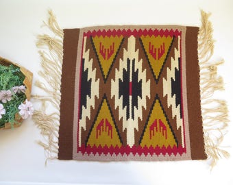 Vintage Decorative Rug Rag Ornamented Woven Floor Decor Brown Mustard Green #3-17