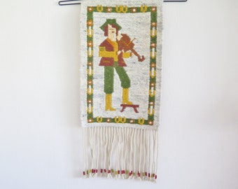 Vintage Wool Woven Wall Decor Vintage Wall Hanging Violinist Decor with Long Fringe Tapestry #3-46-17