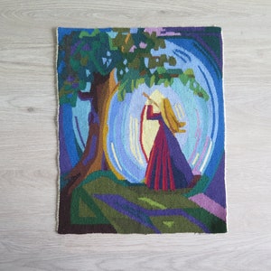 Woven Wool Decor, Woman with Flute Tree Tapestry Flamsk Flemish Handwoven Decor Scandinavian Vintage Swedish #5-46-15