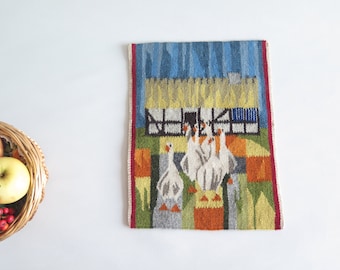 Handwoven Wall Decor Farmhouse Scene Geese Flamsk Flemish Woven Wall Hanging Swedish Scandinavian Decor #4-23-45