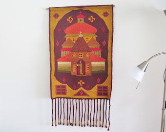 Vintage Wool Woven Wall Decor Vintage Wall Hanging Castle Church Decor with Long Fringe Tapestry #3-17