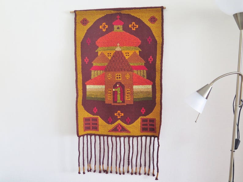 Vintage Wool Woven Wall Decor Vintage Wall Hanging Castle Church Decor with Long Fringe Tapestry 3-17 image 1