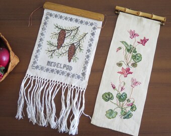 Embroidered Wall Hanging, Cross Stitch, Pine Cones, Pink Flowers, Vintage Swedish Scandinavian Wall Decor #4-69-40/41