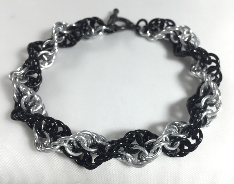 Inverted Spiral Chainmaille Bracelet Black and Silver Anodised Aluminium