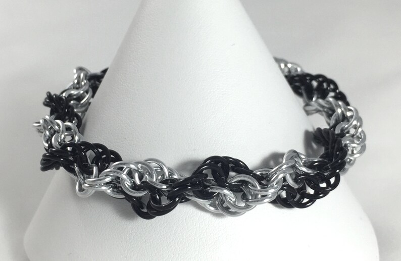 Inverted Spiral Chainmaille Bracelet Black and Silver Anodised Aluminium