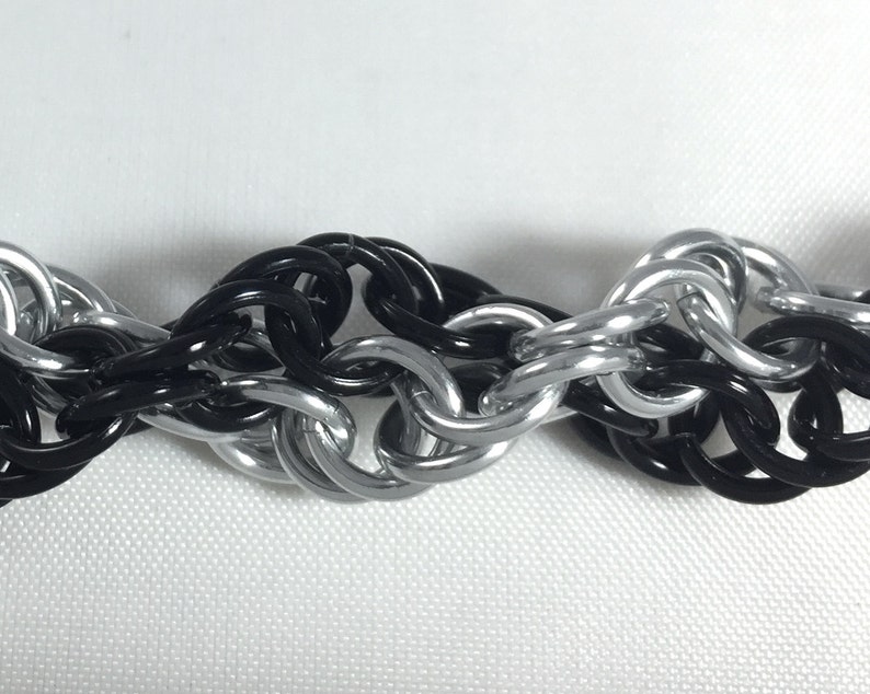 Inverted Spiral Chainmaille Bracelet Black and Silver Anodised Aluminium