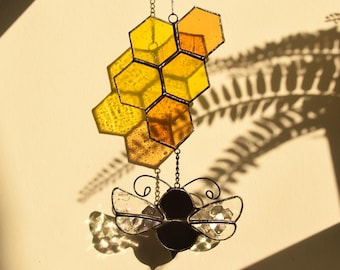 Handmade Stained Glass Honeycomb with Bee, Window Hanging Sun Catcher Decor