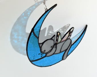 Atrapasol de gato de vitral: Gato durmiendo en la luna, regalo conmemorativo