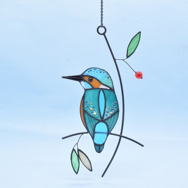 Martin-pêcheur d'Amérique, vitrail suspendu, oiseaux, vitrail suncathers pour décoration d'intérieur, cadeau de Noël