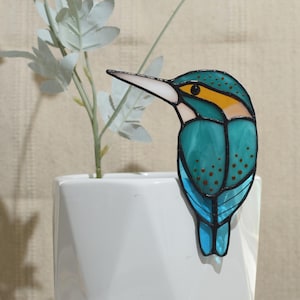 Stained Glass Kingfisher Plant Pot Decor, Handmade Bird Ornament for Garden & Home