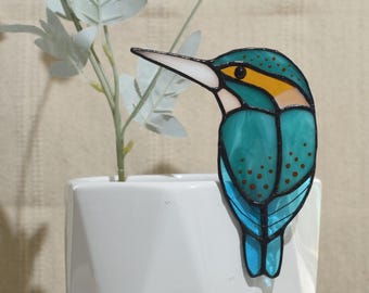 Stained Glass Kingfisher Plant Pot Decor, Handmade Bird Ornament for Garden & Home