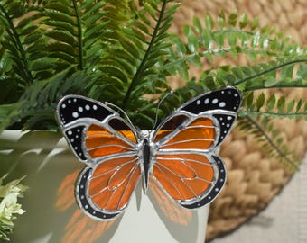 Handcrafted Orange Stained Glass Butterfly, Unique Plant Pot Decoration Gift， Gift for Nature Lovers