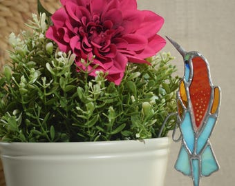 Colorful Stained Glass Hummingbird Plant Pot Decoration, Handmade Suncatcher, Garden Decor, Gift for Mom
