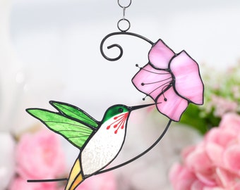 Hummingbirds with flower stained glass window hangings birds stained glass suncathers for Mom gifts