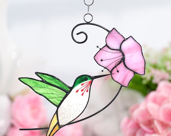 Hummingbirds with flower stained glass window hangings birds stained glass suncathers for Mom gifts