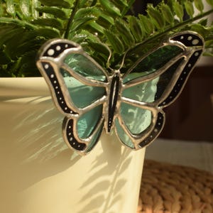 May include: A stained glass butterfly with teal and black accents. The butterfly has a silver-colored border and is perched near a green plant. The wings are a translucent teal color, and the edges are outlined in black with white dots.