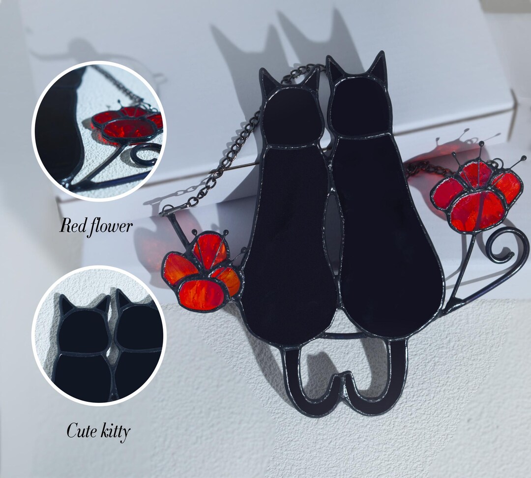 Stained Glass Cat Suncatcher: Window Hanging With Flowers - Etsy