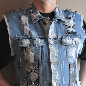 Denim Vest With Black Leather, Skulls, Leather Lacing, Heavy Metal Studs and Spikes Mens XL