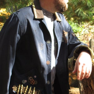 Steampunk military style navy blue coat embellished with spikes, studs and gears in men&#39;s medium