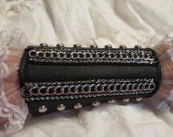 Black Leather and Lace Steampunk Gauntlet  with studs and chain details