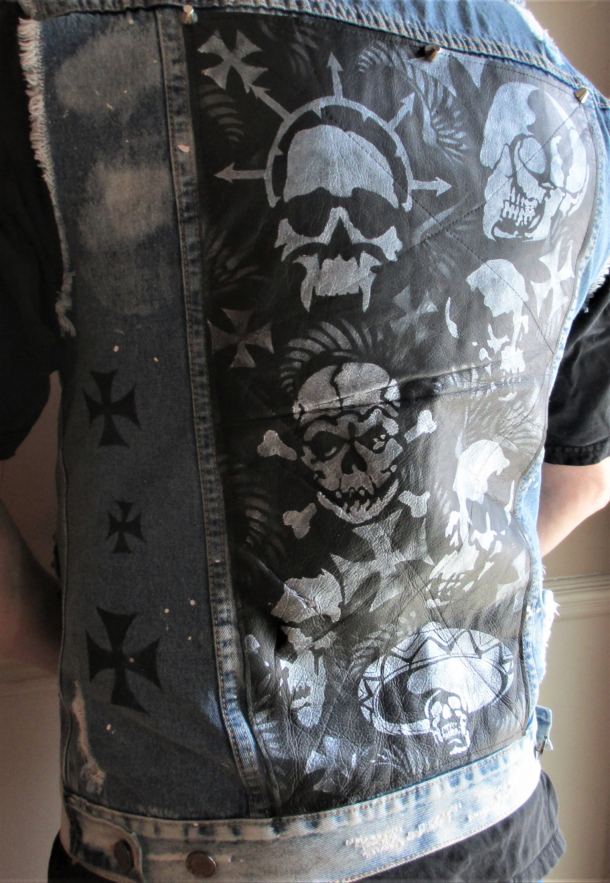 Denim Vest With Black Leather, Skulls, Leather Lacing, Heavy Metal