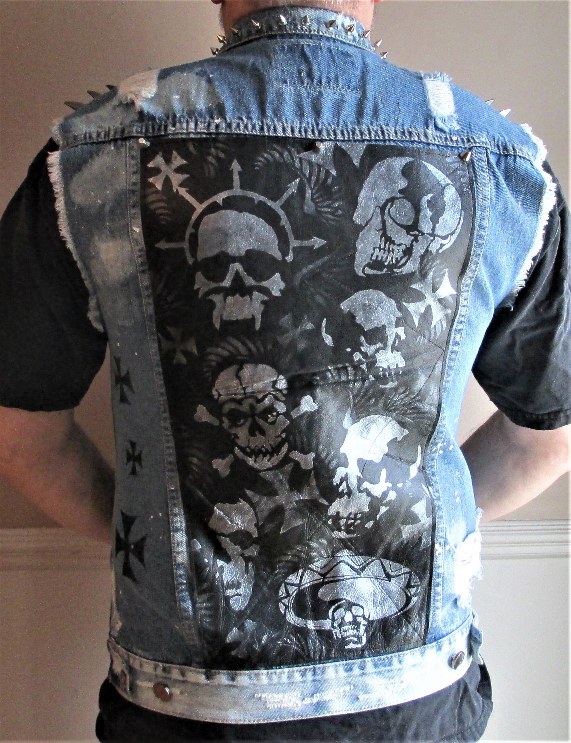 Denim Vest With Black Leather, Skulls, Leather Lacing, Heavy Metal