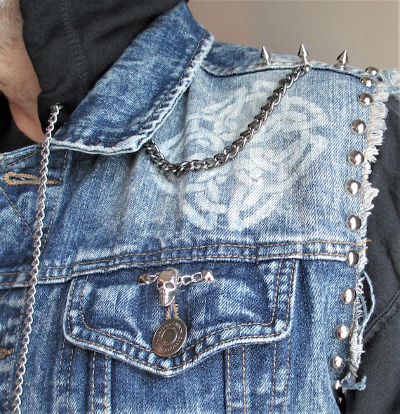 Painted Denim Hoodie Vest With Chains, Studs, Spikes and