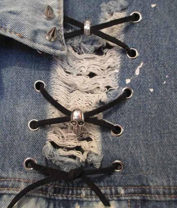 Denim Vest With Black Leather, Skulls, Leather Lacing, Heavy