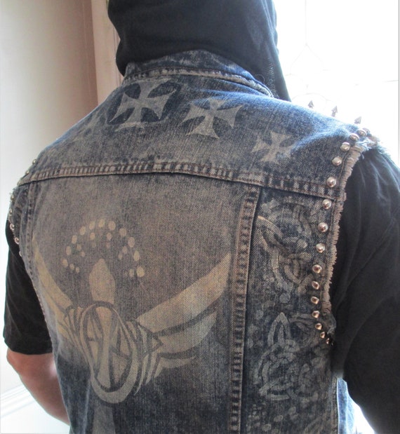 Painted Denim Hoodie Vest With Chains, Studs, Spikes and Painted Denim Hoodie Vest With Chains, Studs, Spikes and