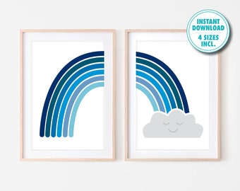 arte della parete arcobaleno blu, set di 2 stampe, arredamento vivaio arcobaleno, arte murale stampabile, arredamento della sala giochi, arredamento della camera per bambini, download digitale