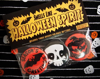 Halloween Spirit! 1.5" Pin Back Button Set Bat Skull and Jack O Lantern