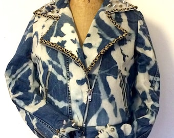 Rock chic, bleached denim biker jacket in a size 38