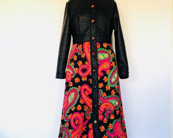 Groovy psychedelic paisley and faux leather maxi coat or dress in a UK size 12