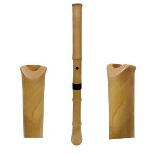 May include: A light brown bamboo-style flute featuring a smooth, cylindrical body with segmented nodes, a single circular finger hole, and a black band accent. The instrument is shown in full length alongside two close-up views of the mouthpiece.