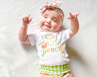 Sweet Little Peach Green Gingham Baby Girl Outfit Peachy Sweet One Outfit Fall Baby Peach Crew Outfit Yoga Pants Headband Infant Newborn