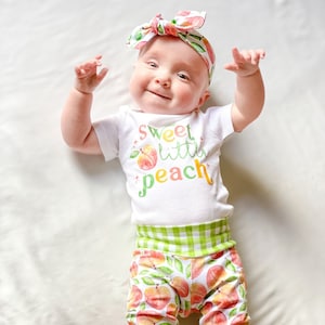 Sweet Little Peach Green Gingham Baby Girl Outfit Peachy Sweet One Outfit Fall Baby Peach Crew Outfit Yoga Pants Headband Infant Newborn