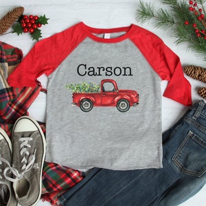 Boy Christmas Shirt Red Truck Christmas Lights Tree Personalized Red Gray Raglan Old Red Truck Name Shirt Boy Toddler Baby Youth Shirt