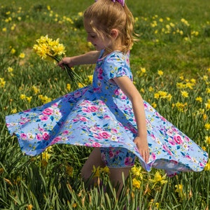 Blue Summer Twirly Dress Watercolor Floral Spring Easter Dress Toddler Dress Girl Dress Blue Pink Yellow Twirl Dress Short Sleeve Knit Dress image 2