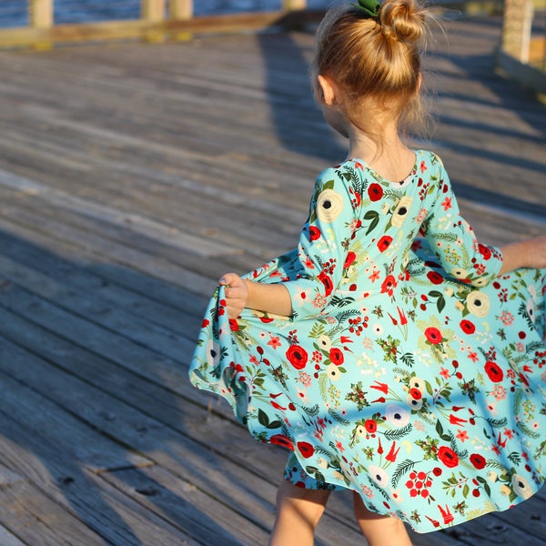 Winter Dress Vintage Blue Christmas Floral Twirl Dress Twirly Winter Dress Winter Berries Dress Holly Dress Christmas Flowers Red