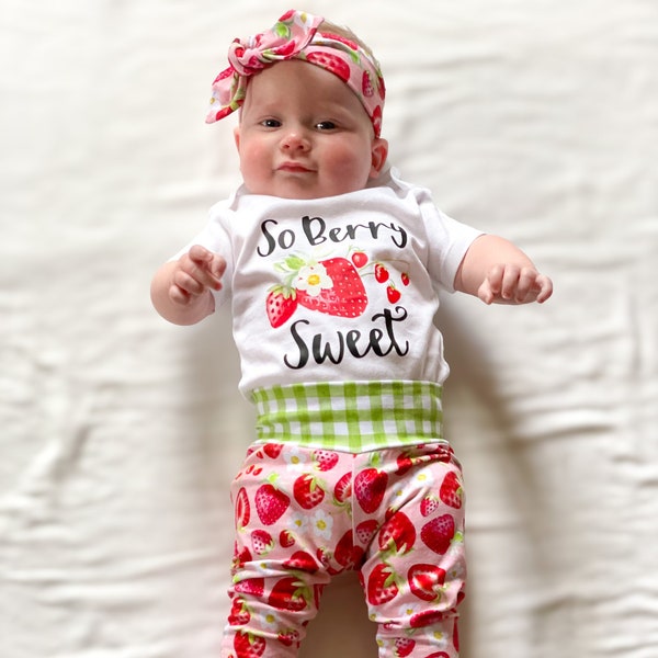 So Berry Sweet Strawberry Baby Girl Outfit Berry Loved Sweet Birthday Outfit Month Outfit Yoga Pants Headband Infant Newborn Littlest Name