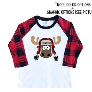 Boy Christmas Moose Personalized Raglan Buffalo Plaid Moose with Name Crazy Moose Boy Christmas Shirt Holiday Shirt Winter Shirt Funny