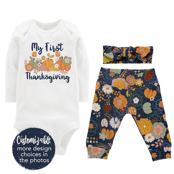 Baby Girl Fall Pumpkin Outfit Name Personalized Retro Boho Vintage First Thanksgiving Turkey Halloween Rainbow Cutest Pumpkin Pants Headband